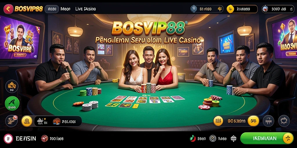 Screenshot gameplay BOSVIP88 yang menampilkan dealer profesional dan suasana kasino.