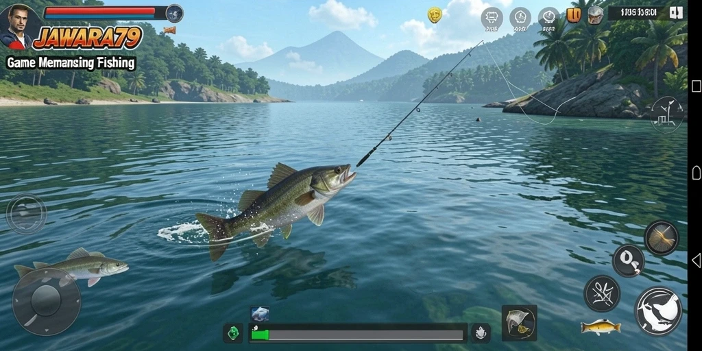 Screenshot gameplay JAWARA79 menampilkan aksi memancing yang seru.