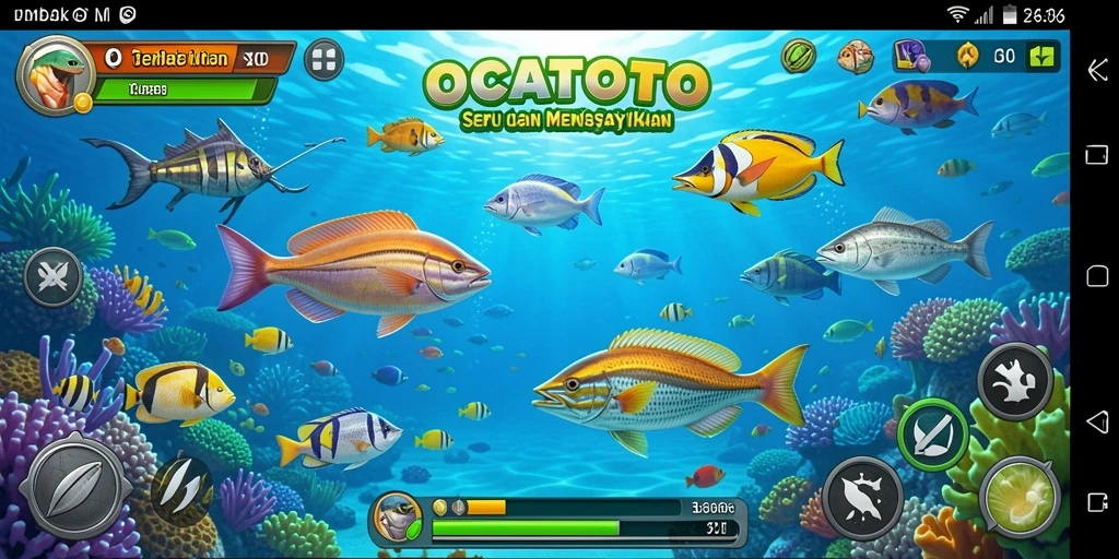 Tampilan gameplay seru dalam OCATOTO saat menembak ikan.
