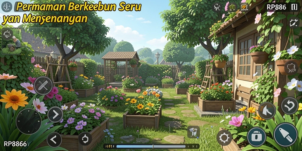 Tampilan gameplay RP886 yang menampilkan kebun yang subur dan berwarna-warni.