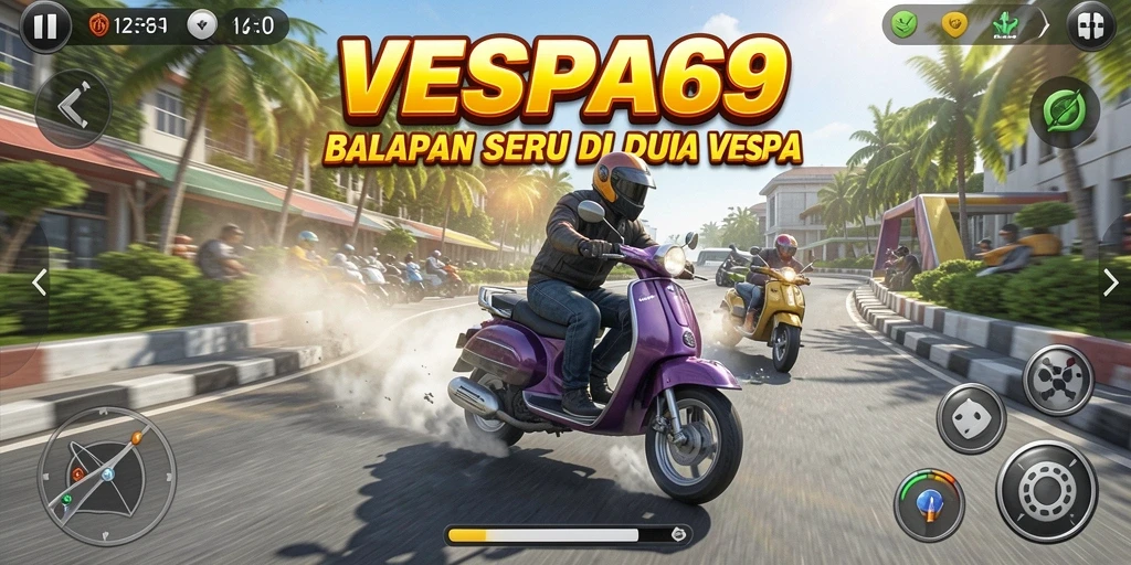 Tampilan seru gameplay VESPA69 dengan Vespa yang melaju cepat.